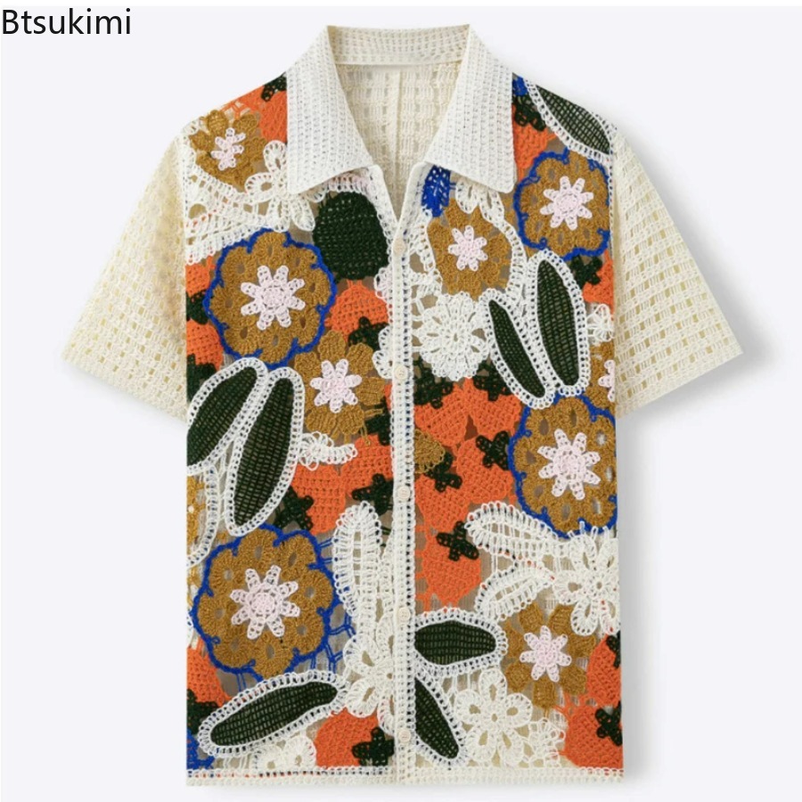 Shirt Camp Collar - Herentrui met retro bloemenprint, gehaakt, korte